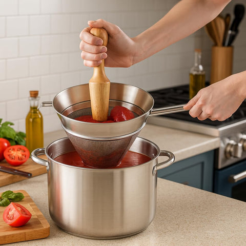 HIC Kitchen pestle presses through mesh to extract pulp efficiently