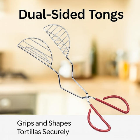 HIC Kitchen Taco Shell Tongs' open-wire frame drains excess oil for crisp texture.