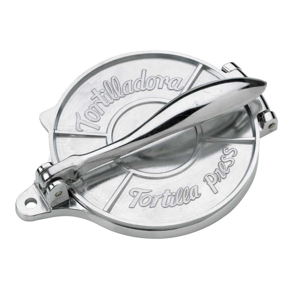HIC Kitchen tortilla press front view producing 6-inch tortillas with even thickness for consistent cooking
