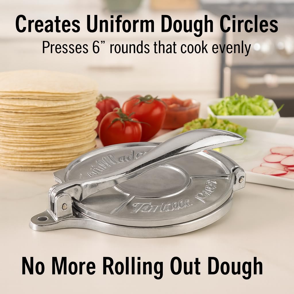 HIC Kitchen tortilla press in action showing smooth leverage for even dough rounds