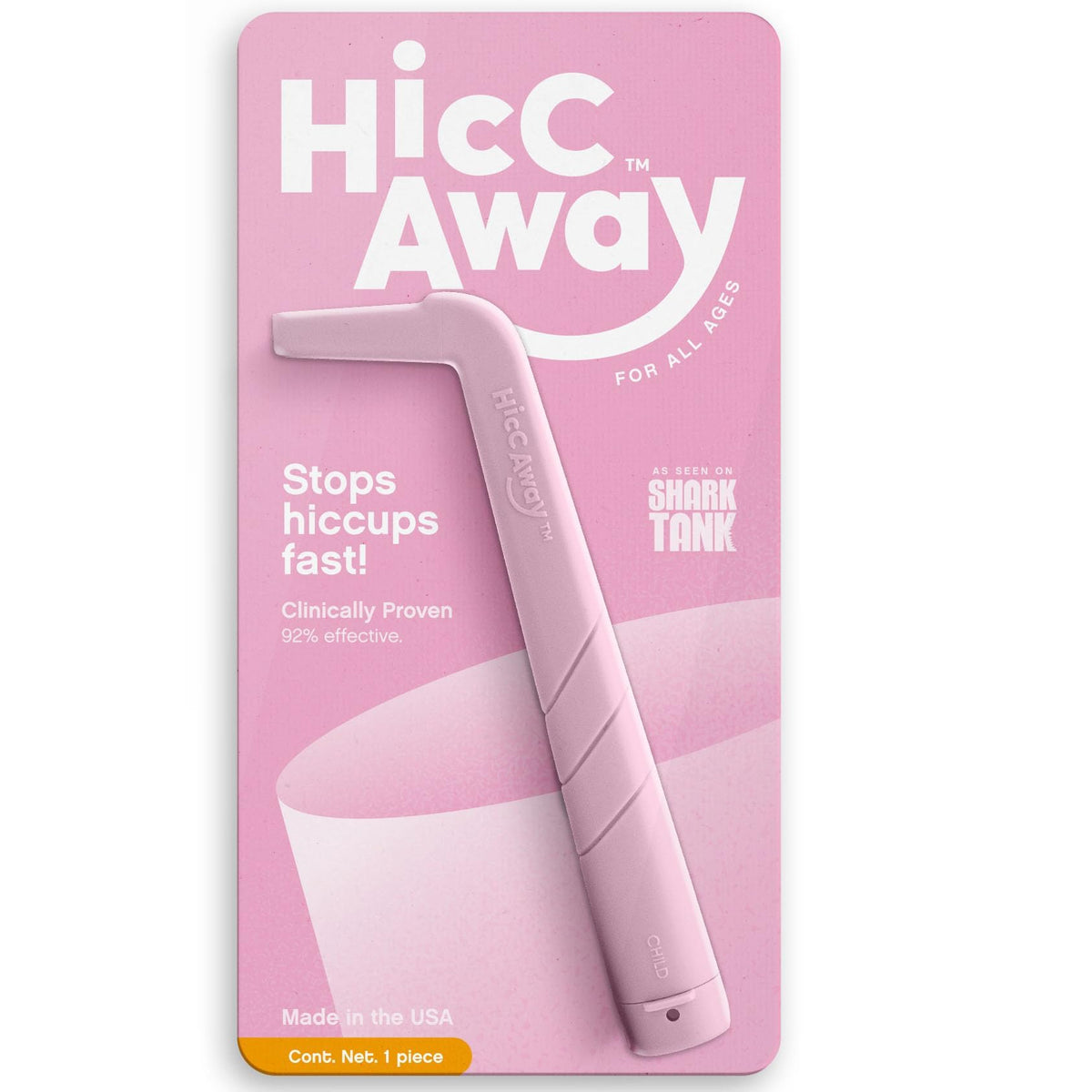 HiccAway pink hiccup straw held in hand, offering quick, drug-free relief.