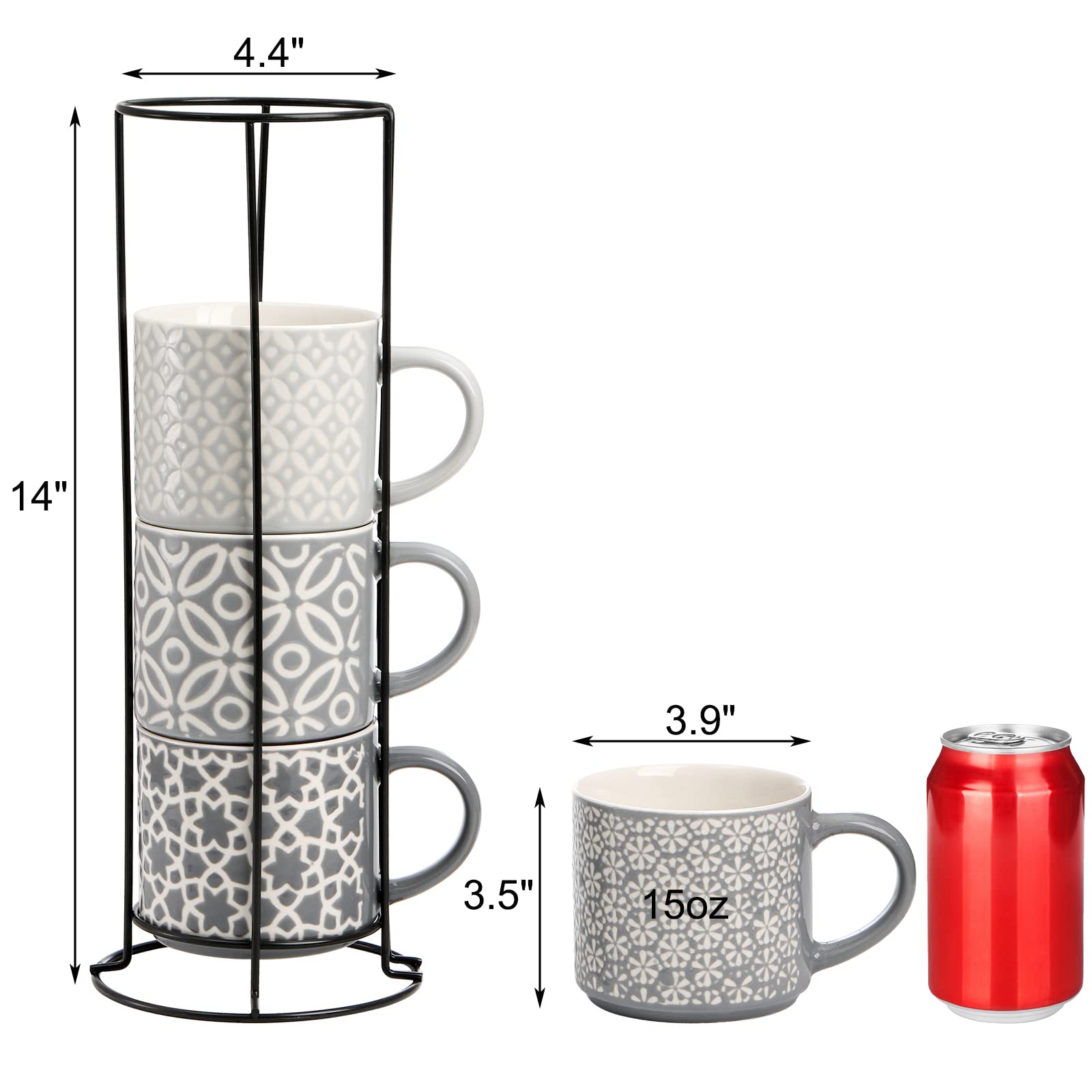 Hiceeden stackable mugs with metal stand save space on kitchen shelves.
