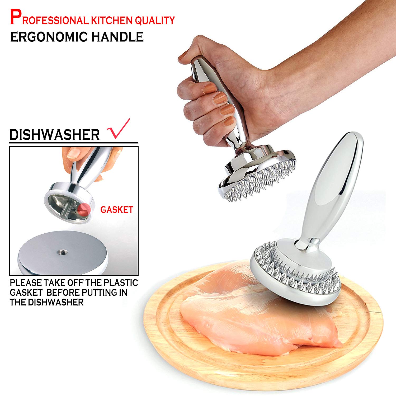 Hicook reversible meat tenderizer teeth-side for tenderizing tough cuts.