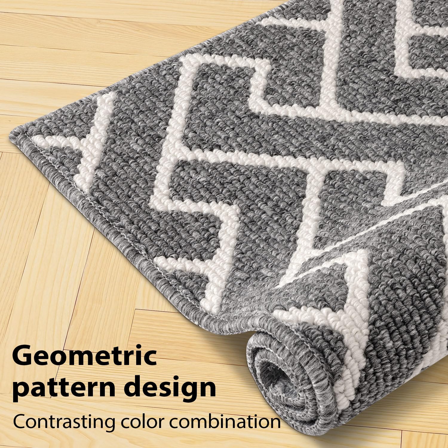 hicorfe kitchen runner in grey tones coordinates with various decor themes.