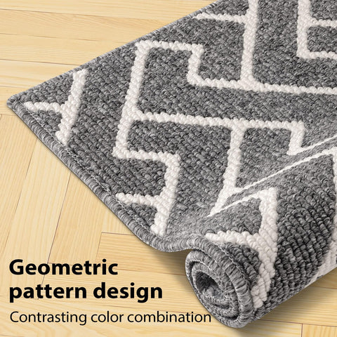 hicorfe kitchen runner in grey tones coordinates with various decor themes.