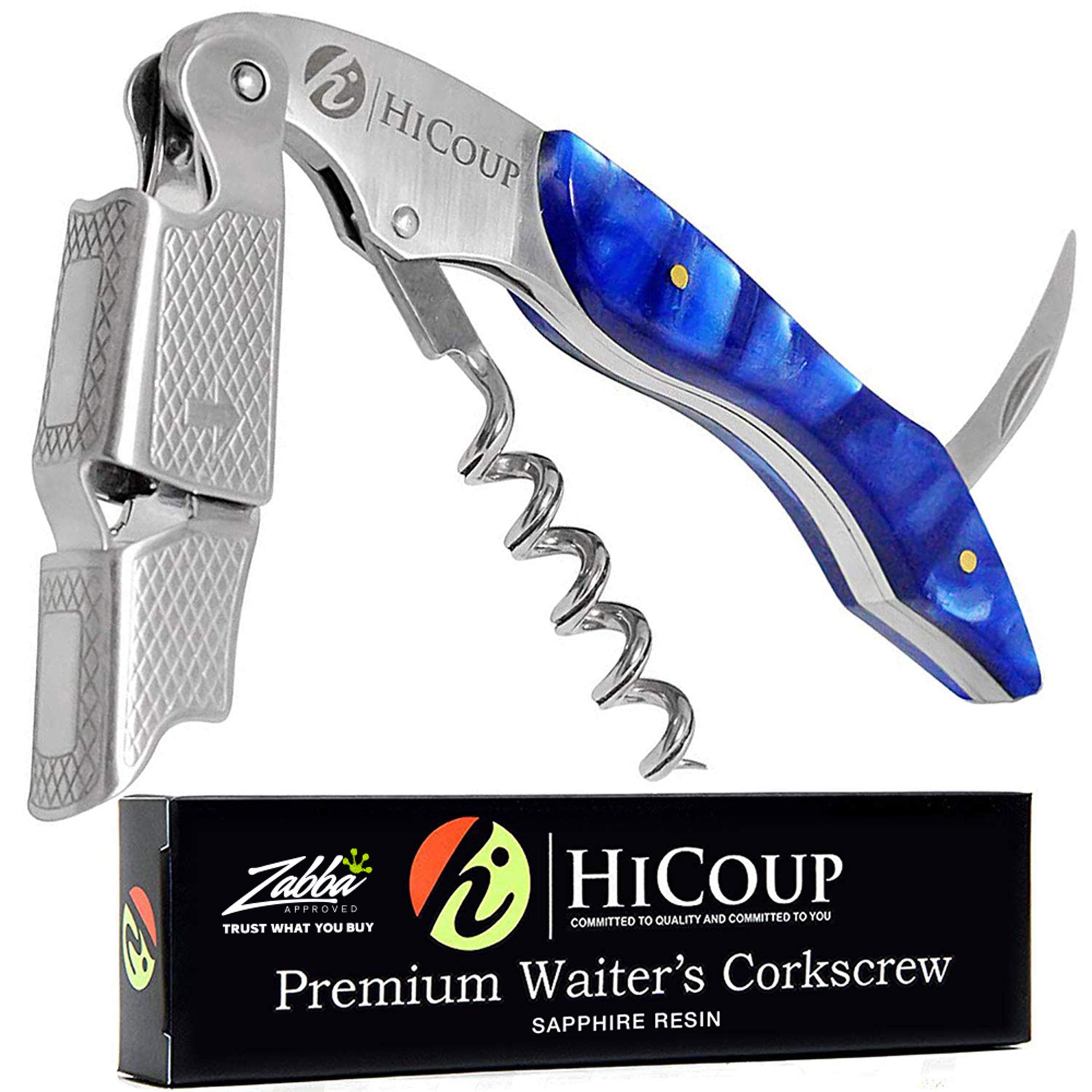 HiCoup Sapphire wine opener with ergonomic wooden handle for comfortable grip