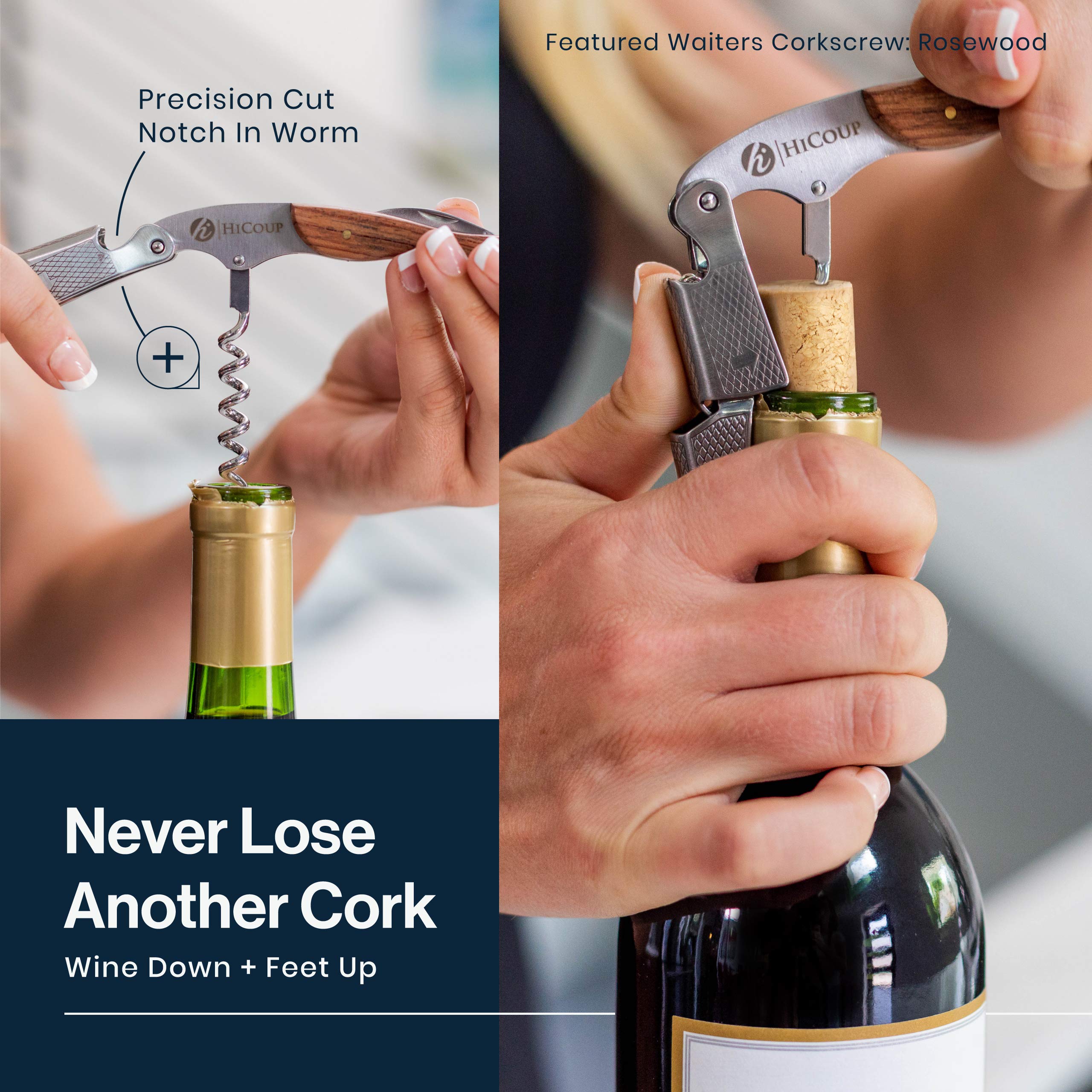 HiCoup Wine Opener features double-hinged fulcrum for smooth cork extraction.