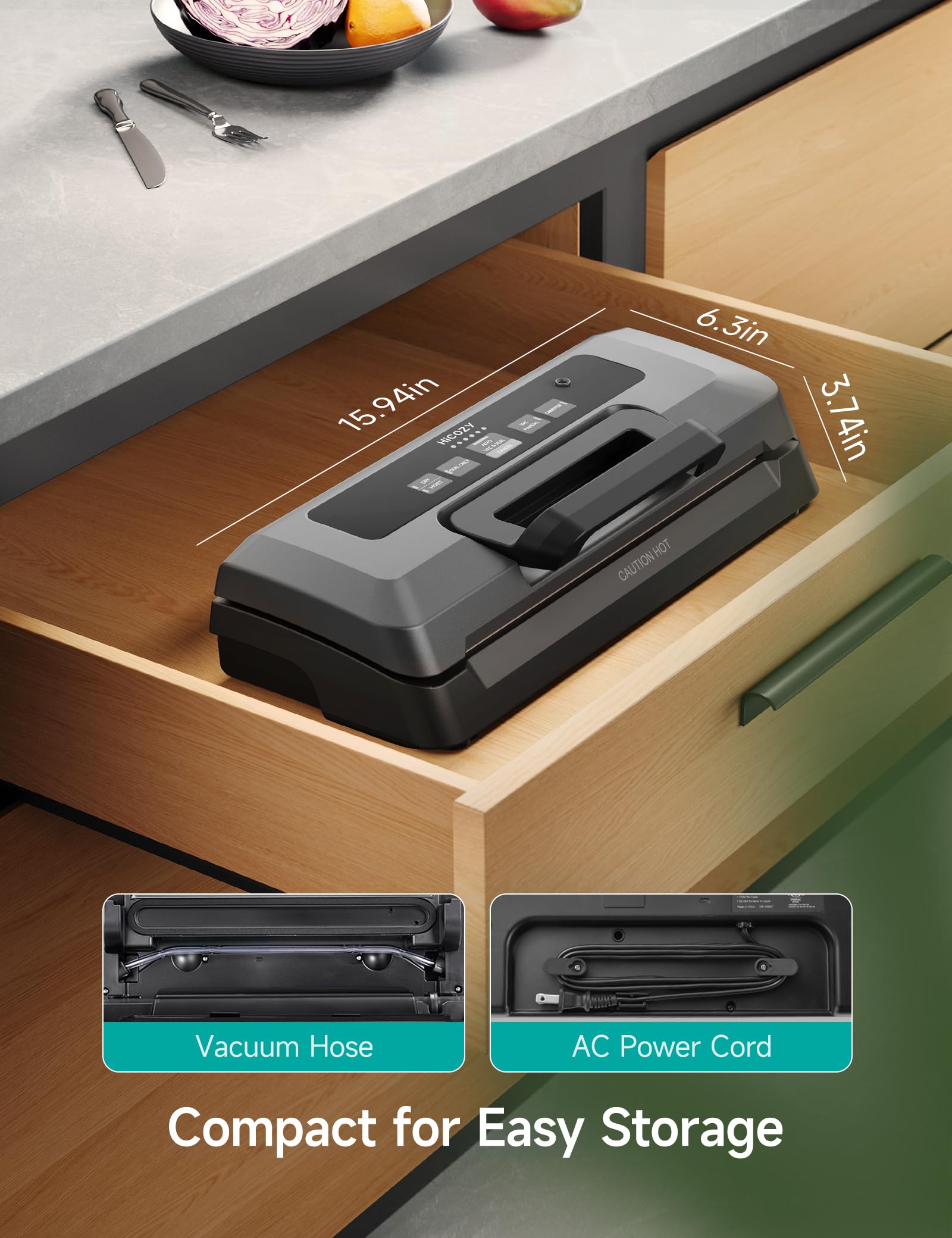 HiCOZY H700 built-in bag cutter and accessible controls