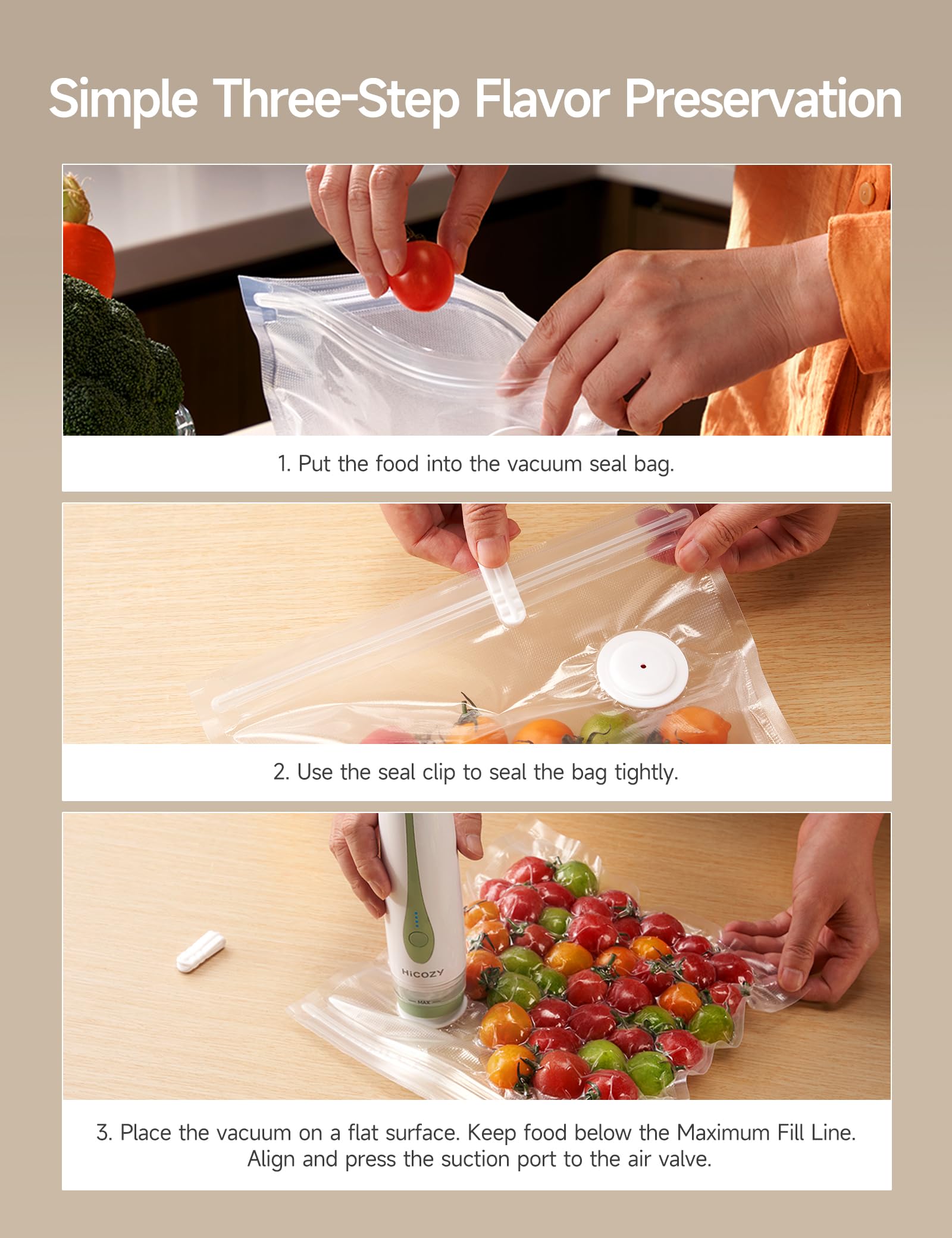 Hicozy vacuum sealer suited for dry, moist, or delicate foods