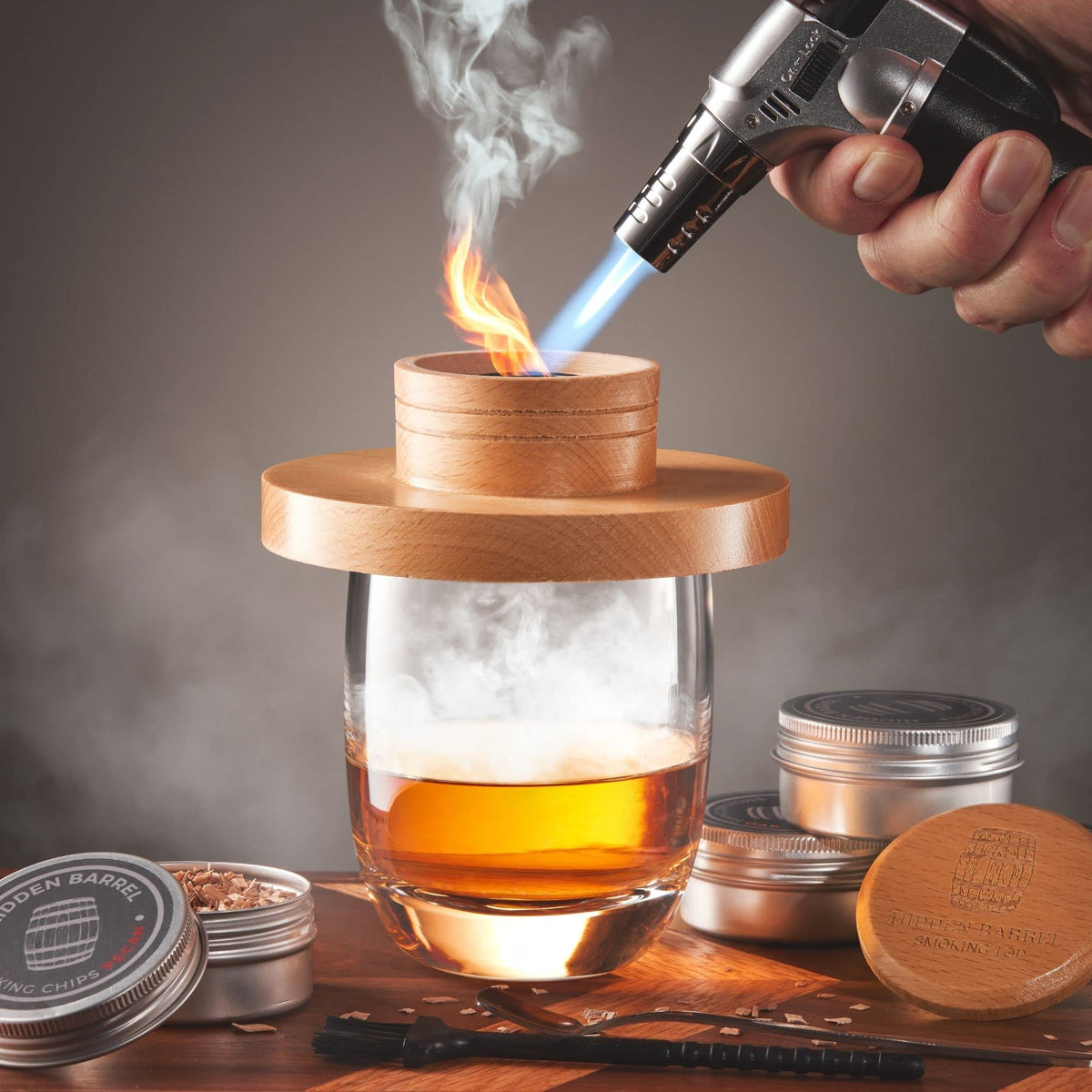 Hidden Barrel whiskey smoker kit with torch for refined smoked cocktails