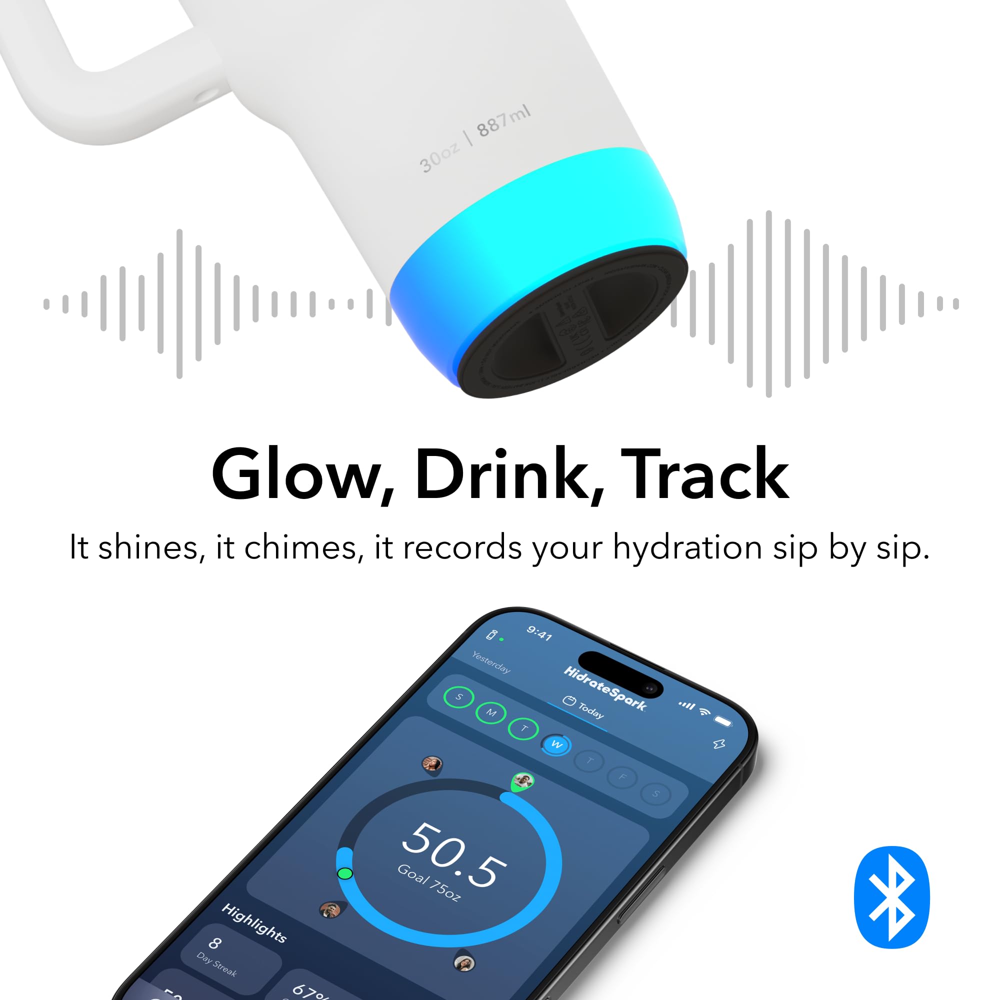 Hidrate Spark Pro 2 30oz bottle on desk with tracking at work.