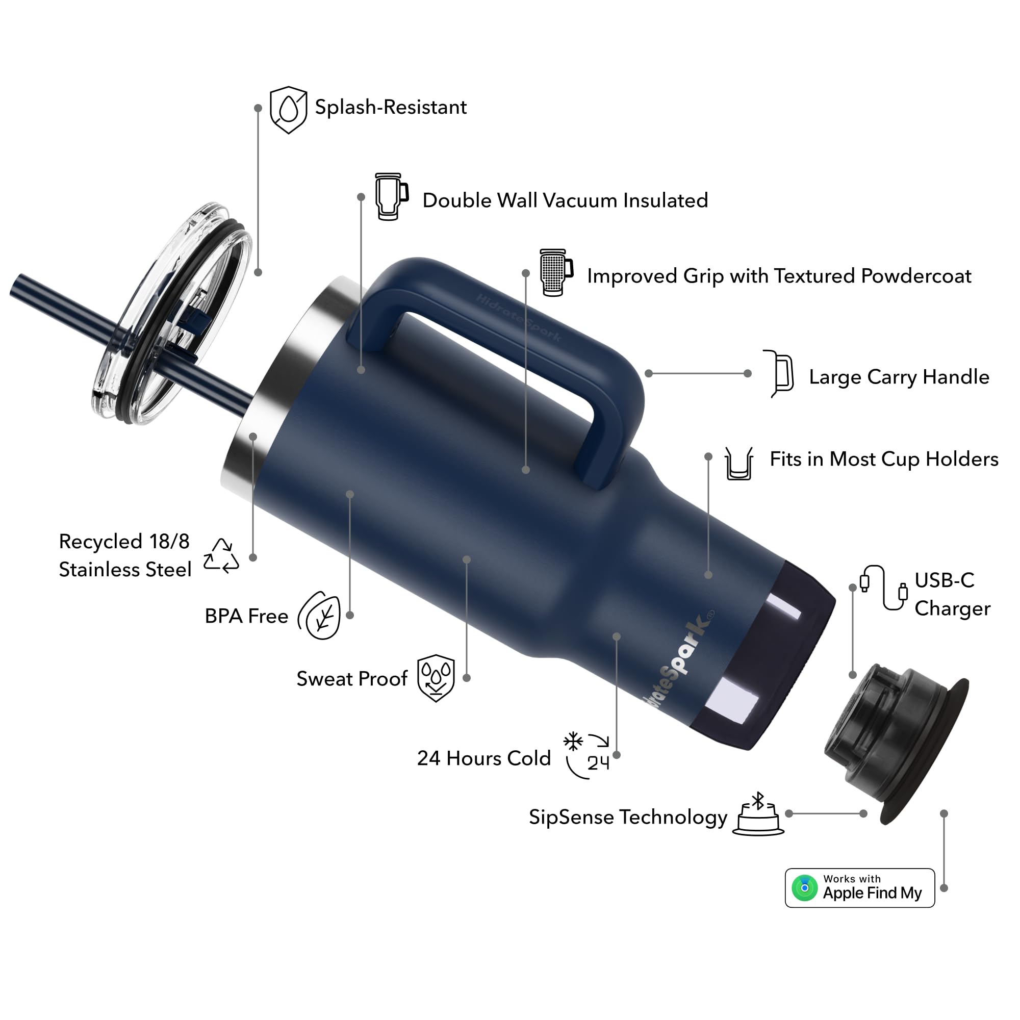 Hidrate Spark PRO 2 30oz navy cup-holder friendly design for cars and desks