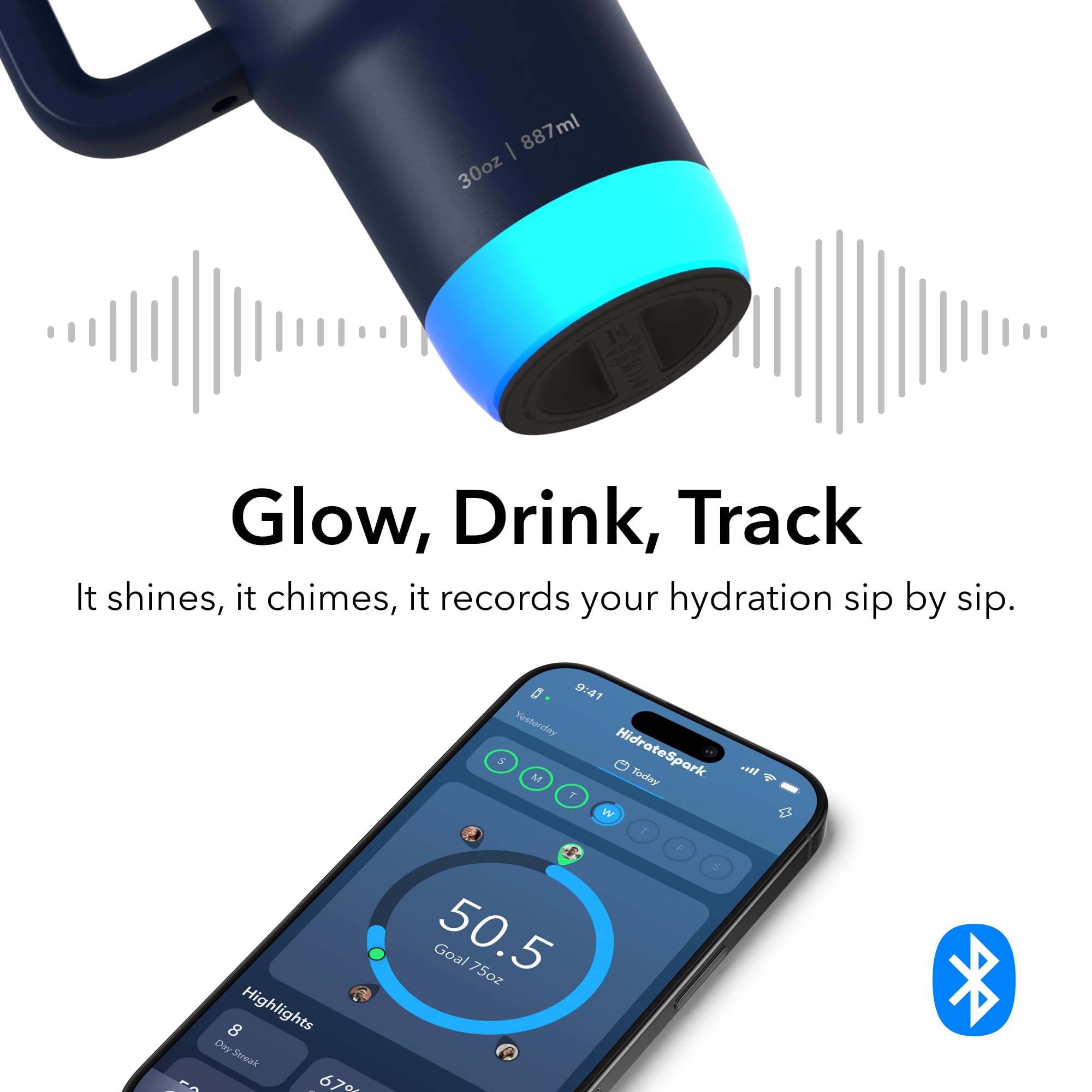 Hidrate Spark PRO 2 30oz navy glow reminders highlighting hydration alerts