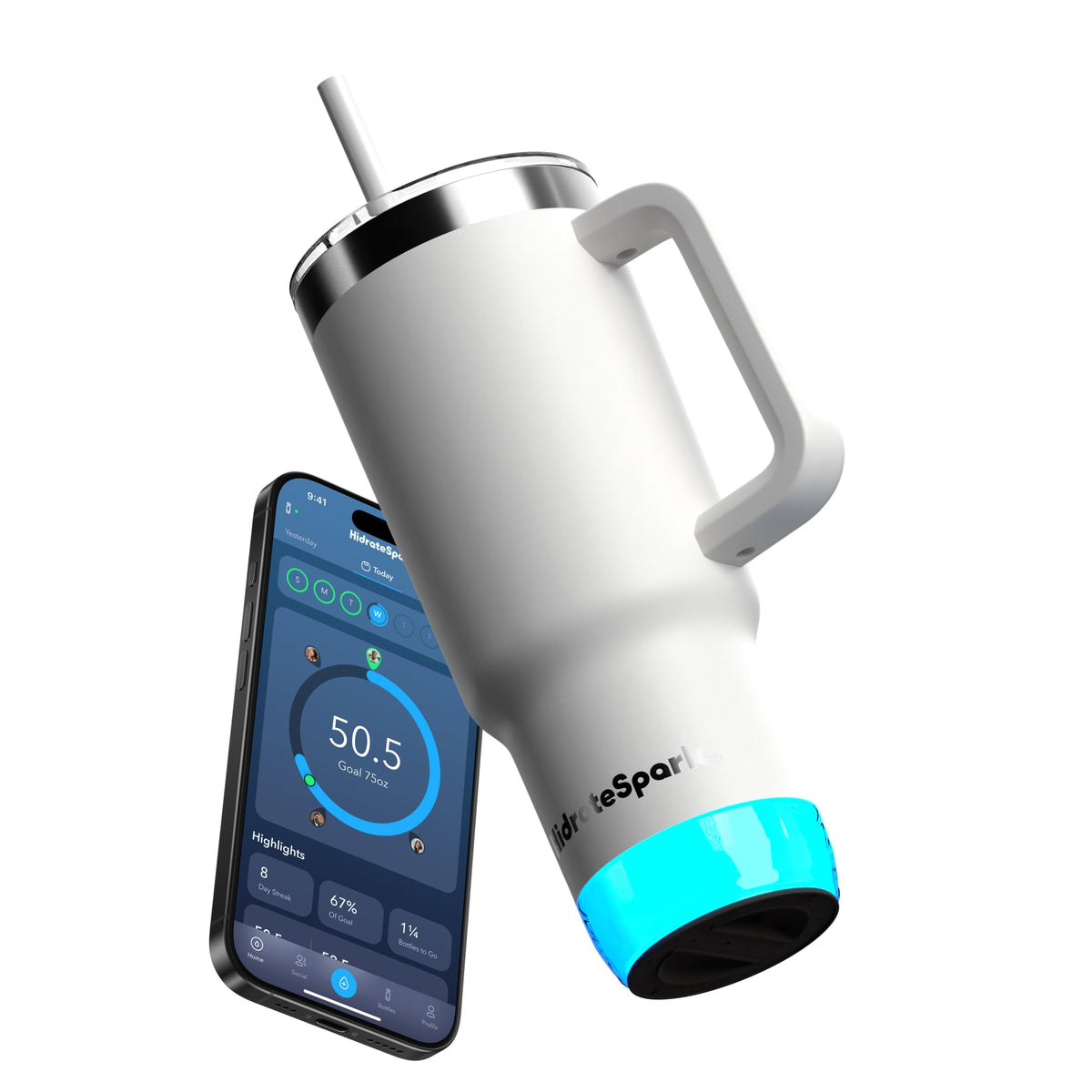 Hidrate Spark Pro 2 glow reminders illuminate drinking times to support hydrate goals.