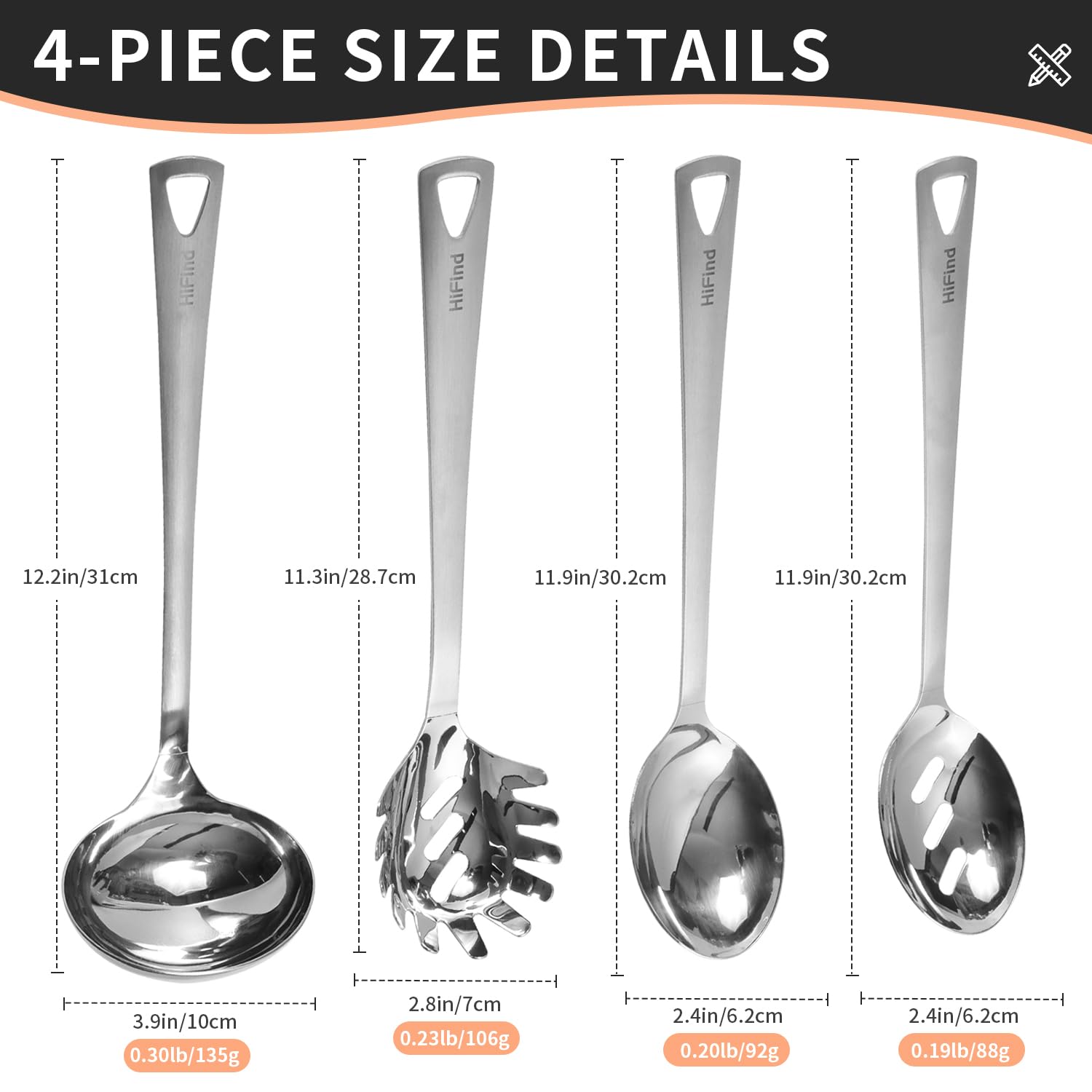HIFIND 4PCS utensils set with ladle for serving soups and stews.