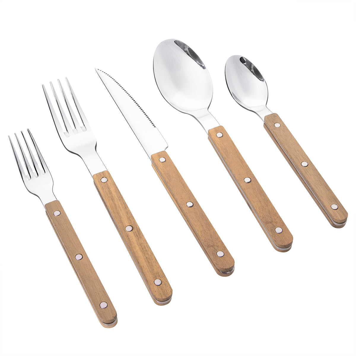 HIFIND wood-handle silverware set close-up showing unique natural wood grain for elegant dining.