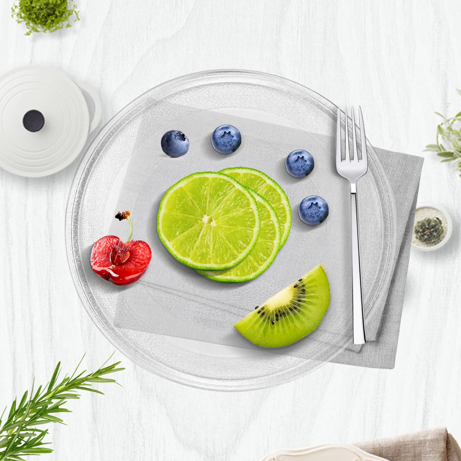 Hiflora 11.25-inch microwave plate with fit guide showing broad compatibility.