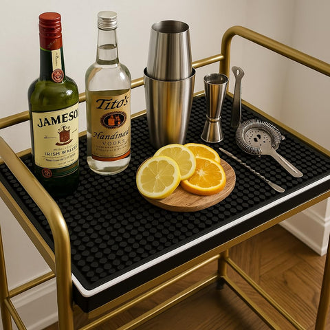 Highball and Chaser bar mat with non-slip backing keeps in place
