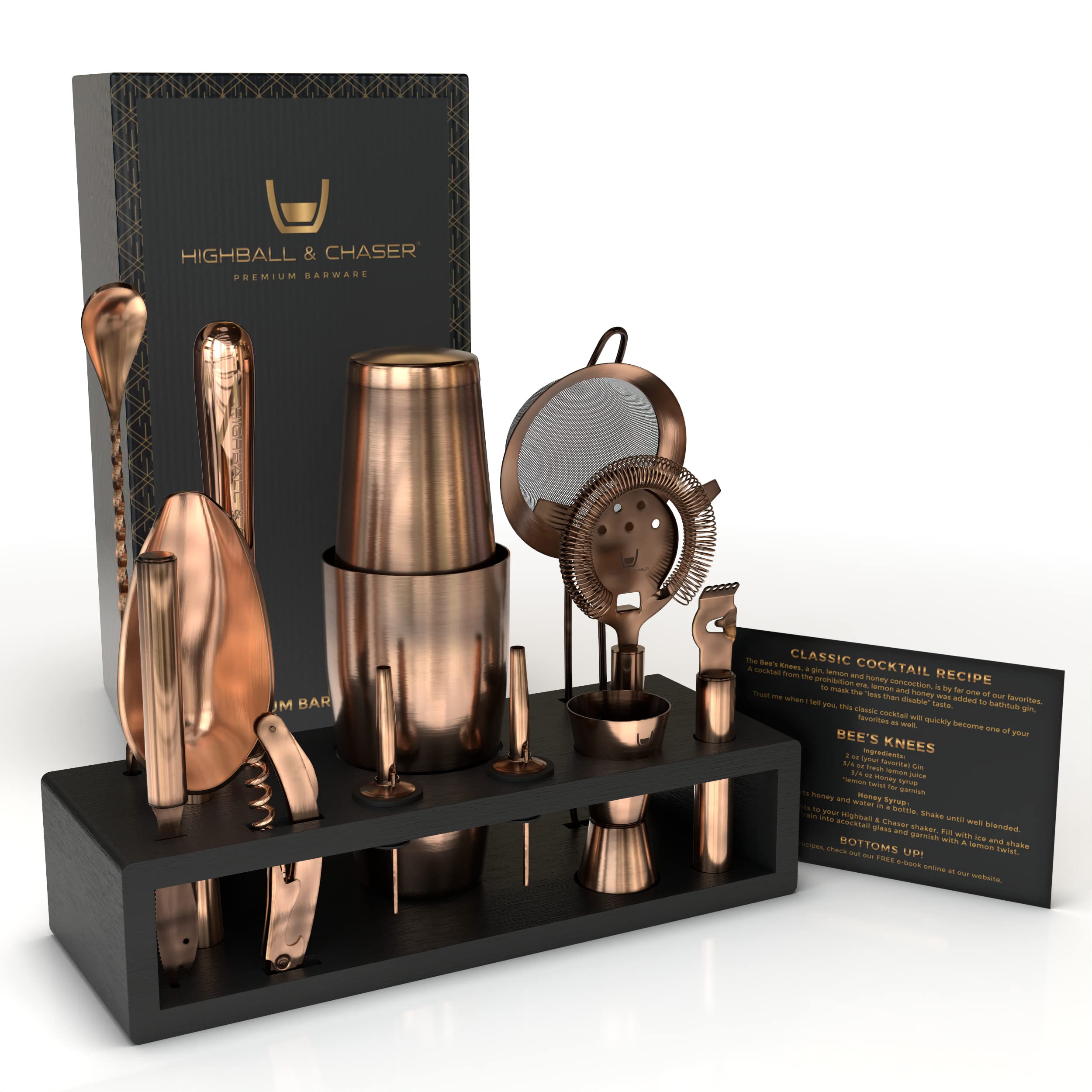 Highball & Chaser bartender kit with black bamboo stand shown on a bar shelf for organized storage