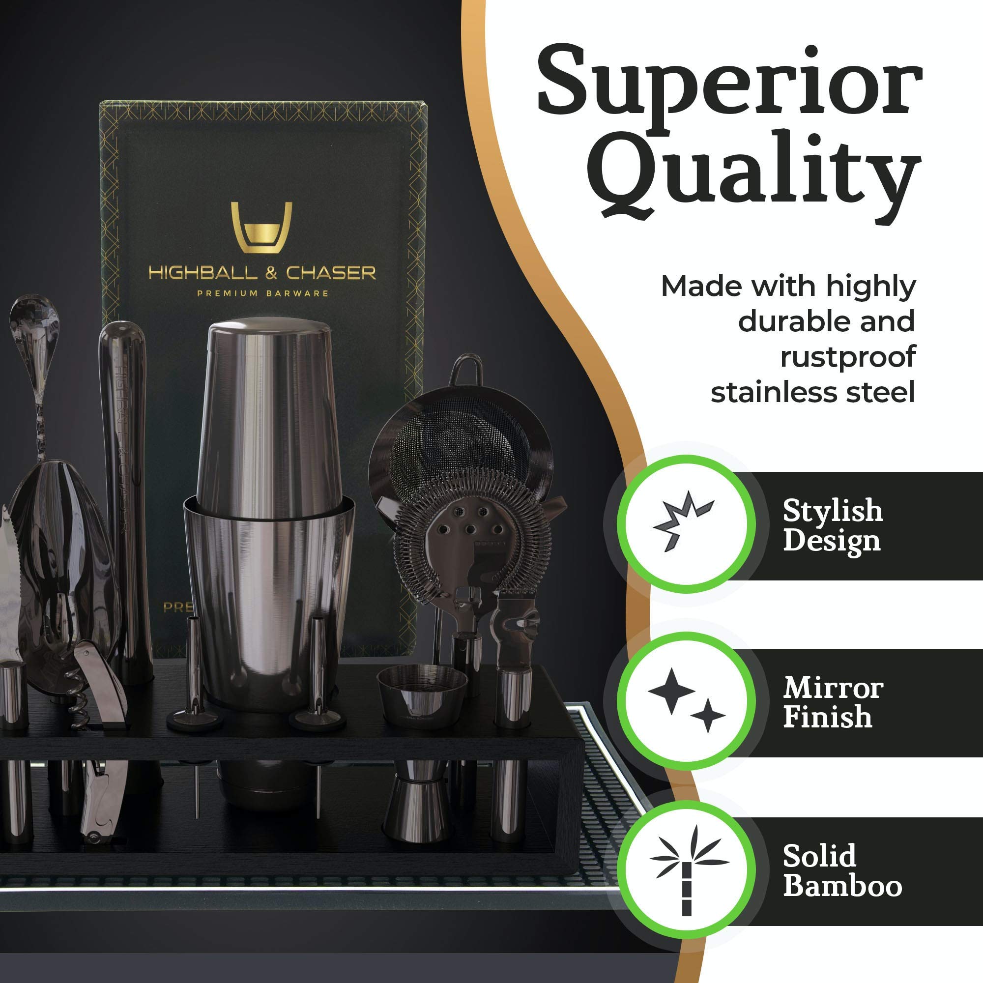 Highball & Chaser black bamboo stand organizing tools neatly