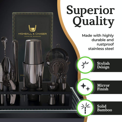 Highball & Chaser black bamboo stand organizing tools neatly