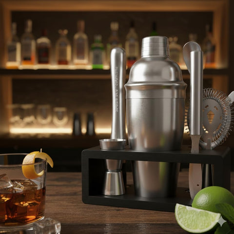 Cobbler shaker with hawthorn strainer for professional-style pouring.