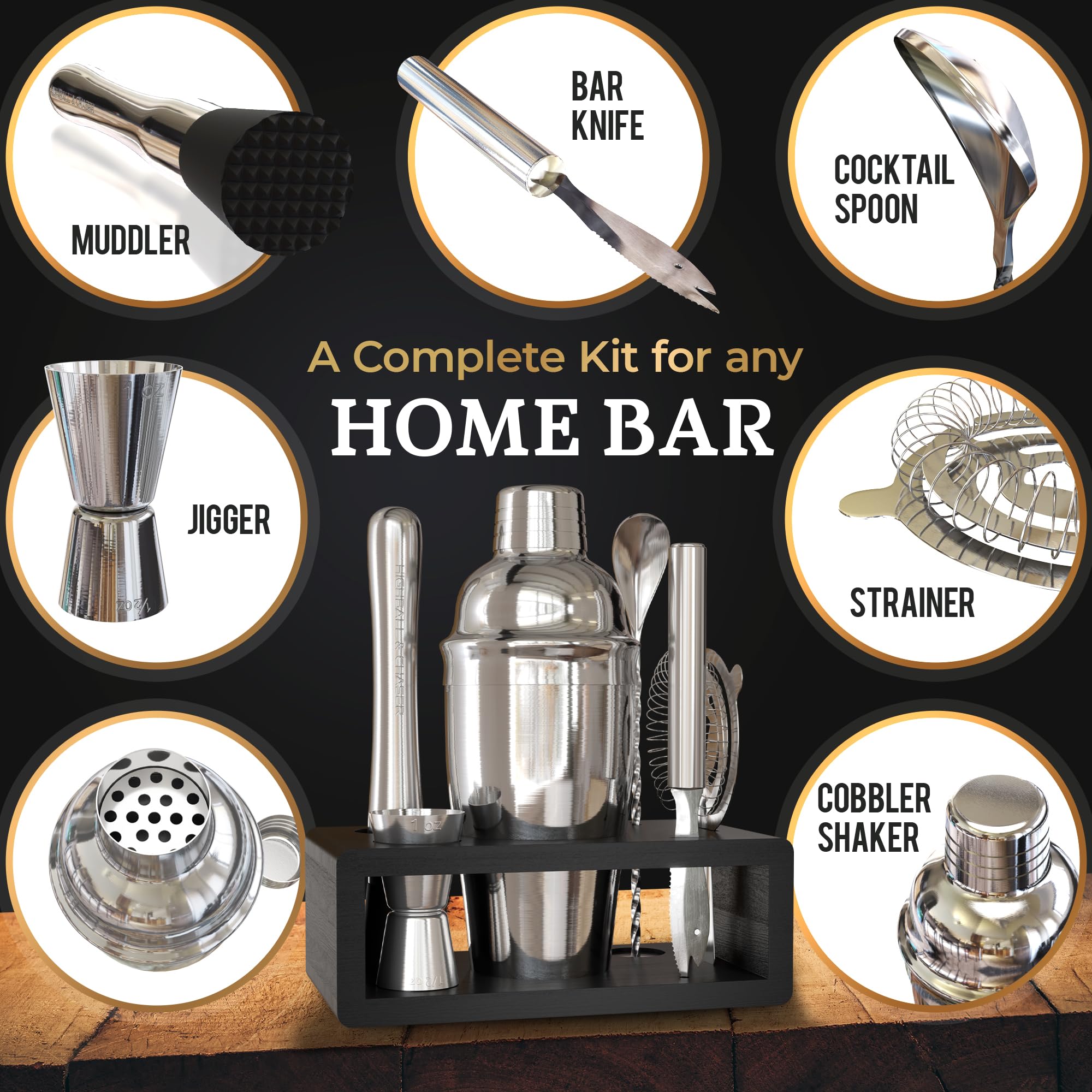 Jigger and bar knife from Highball & Chaser for accurate measurements.