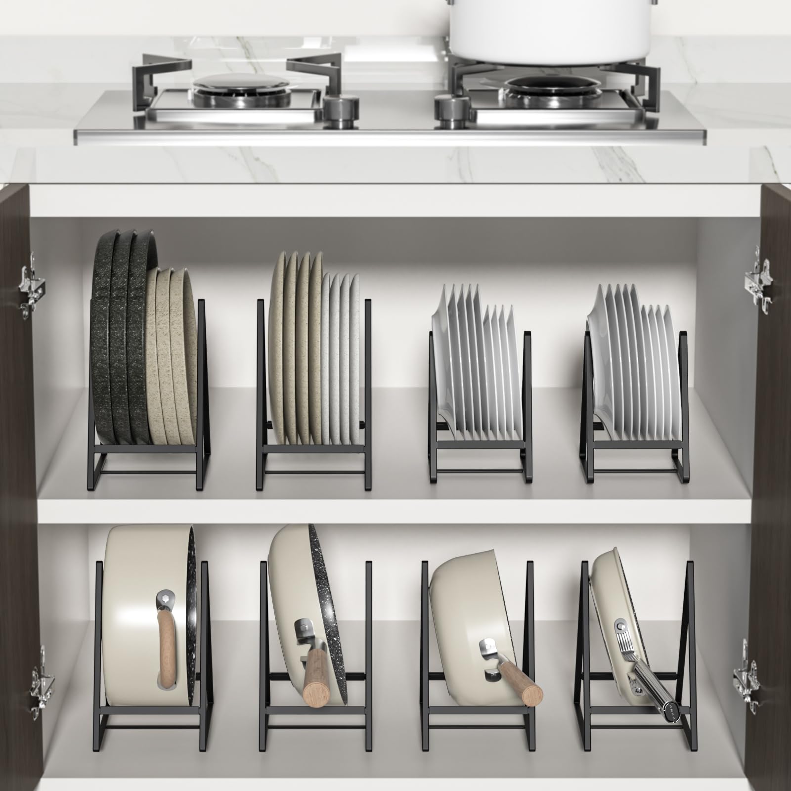 Hikinlichi large capacity rack holds plates, bowls, lids, and cutting boards neatly.