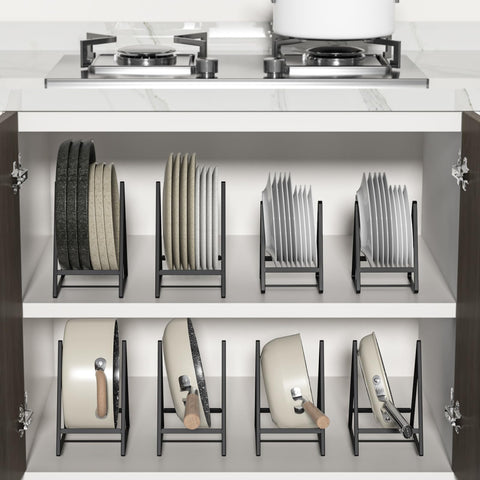 Hikinlichi large capacity rack holds plates, bowls, lids, and cutting boards neatly.