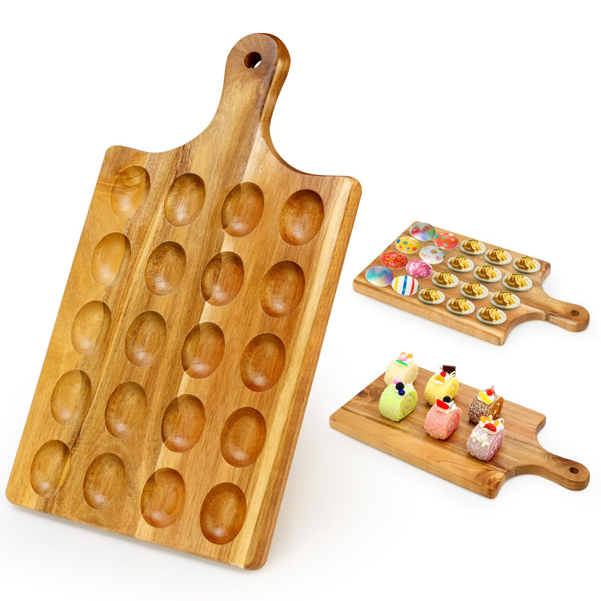 Hilislog 20-hole deviled egg board in acacia wood, ideal for elegant Easter appetizers.