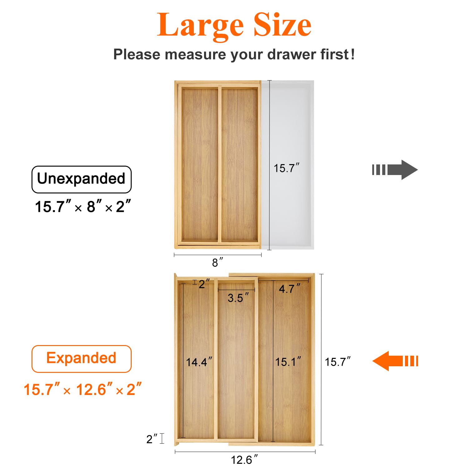 Hilislog expandable drawer organizer showing width adjustability from eight to twelve point six inches.