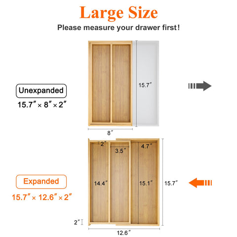 Hilislog expandable drawer organizer showing width adjustability from eight to twelve point six inches.