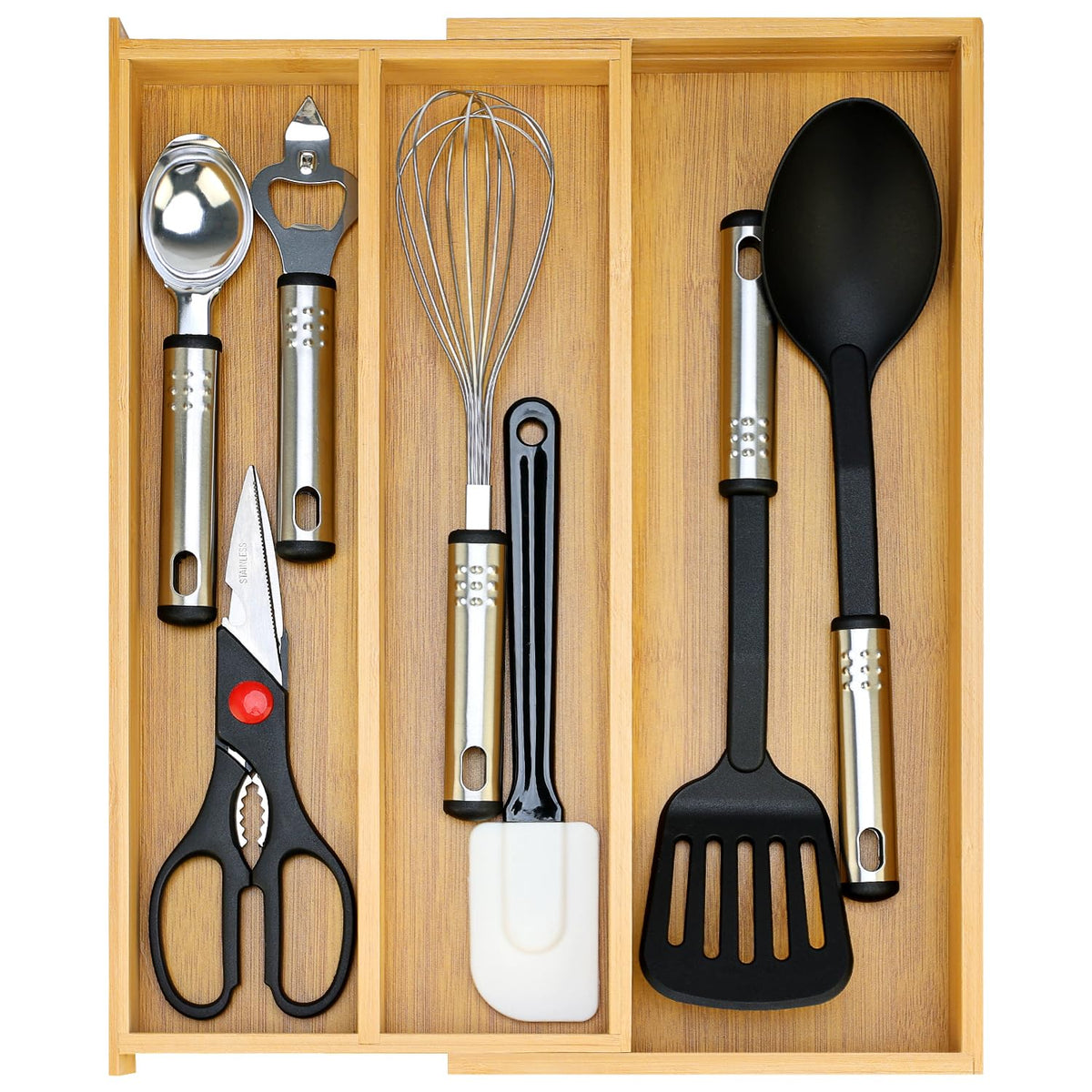 Hilislog bamboo silverware drawer organizer with spacious compartments for easy access.