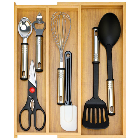 Hilislog bamboo silverware drawer organizer with spacious compartments for easy access.