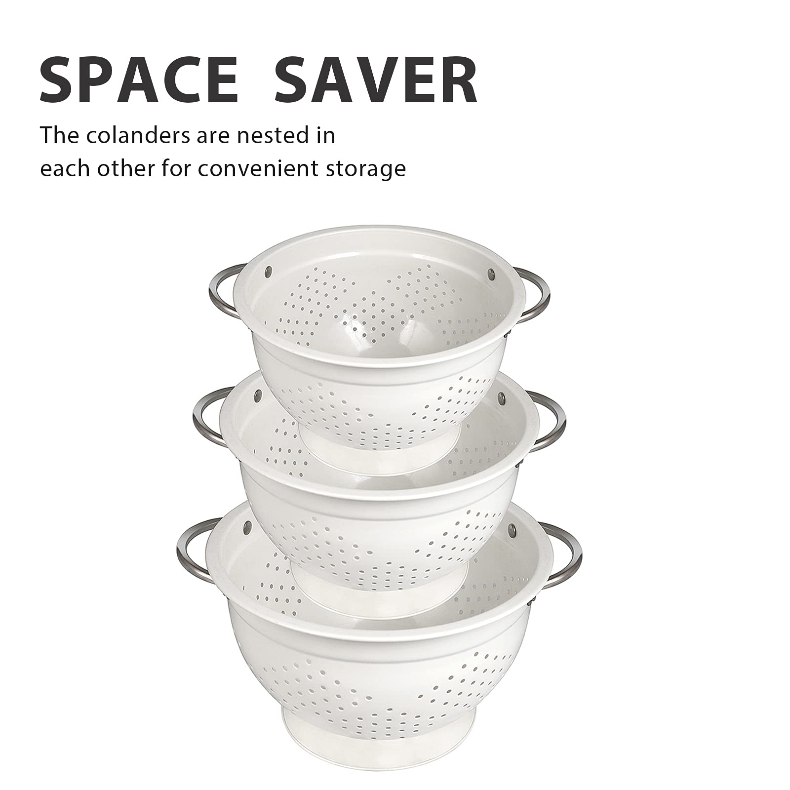 Hillbond colander set nested for space saving storage.