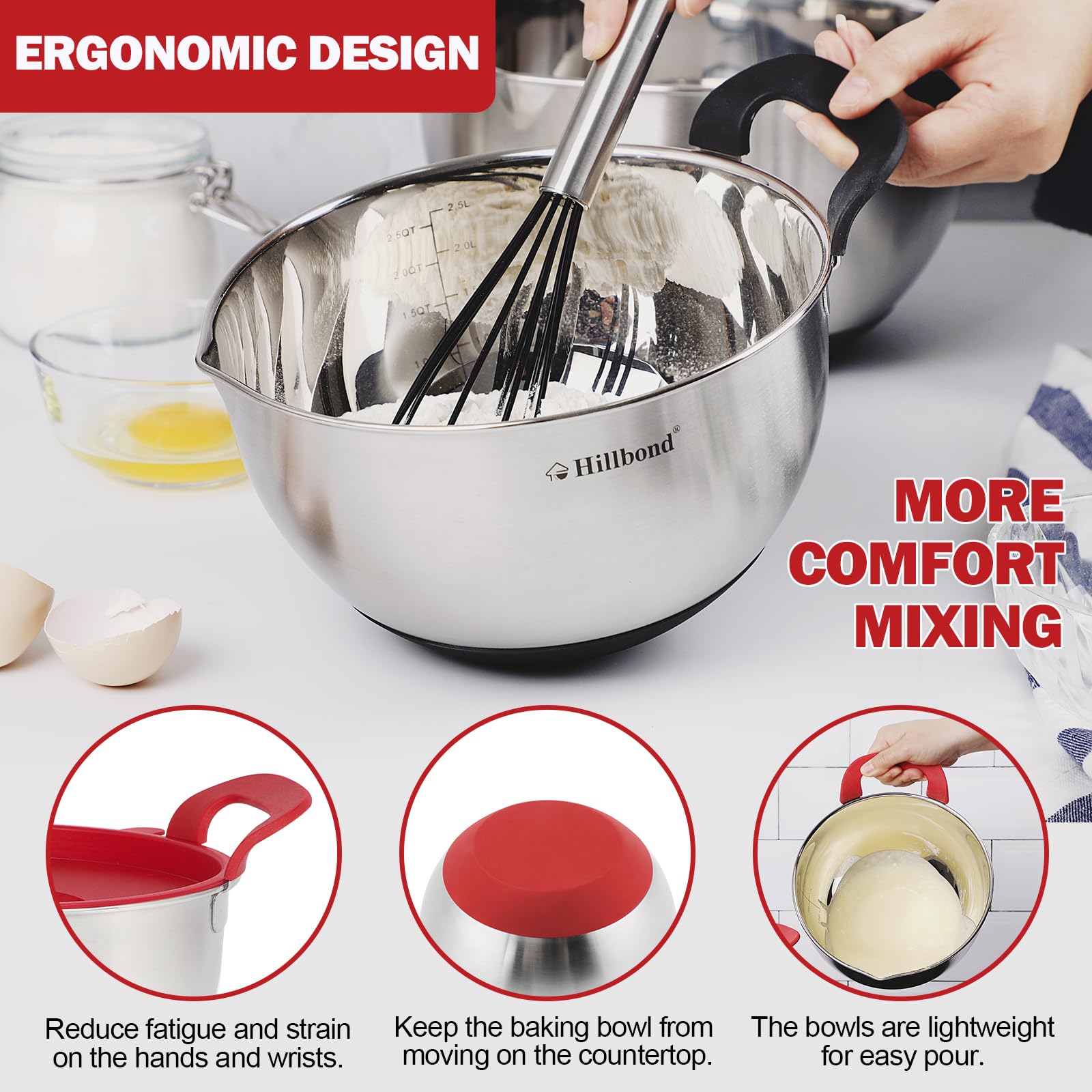Hillbond 5 qt bowl with pour spout and silicone handle for safe pouring.