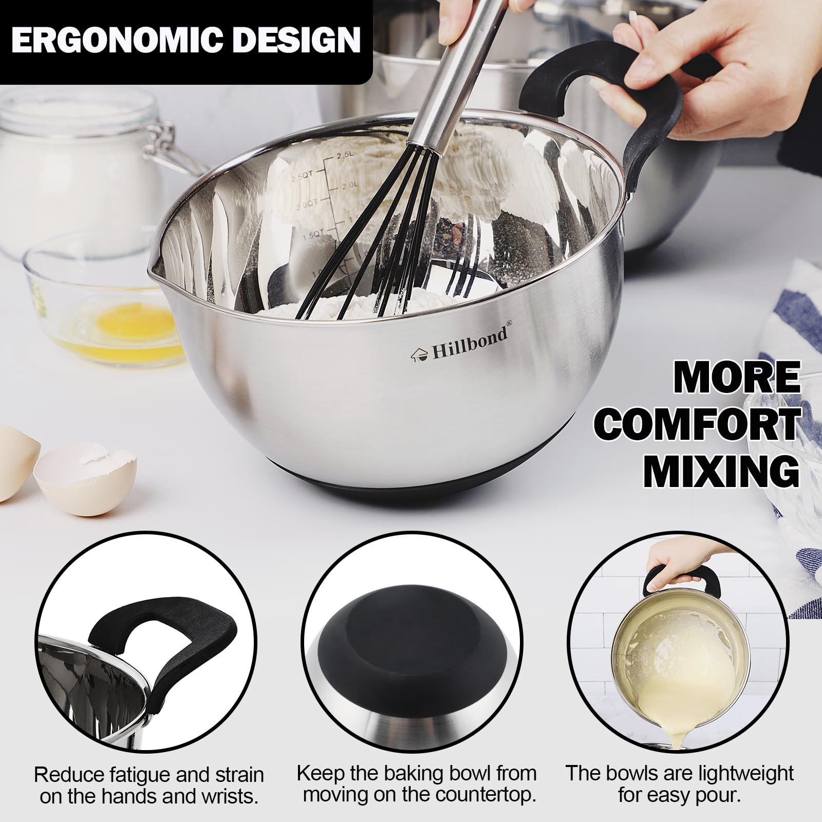 Hillbond mixing bowls with pour spouts for clean, controlled pouring