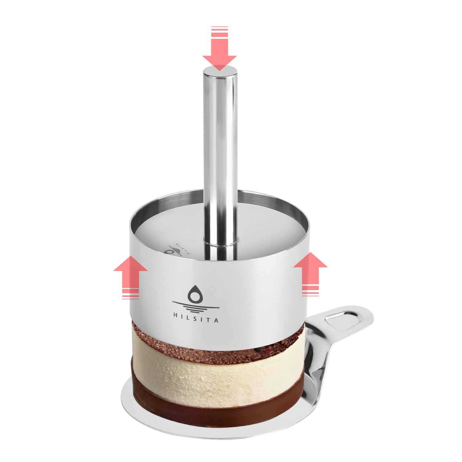Hilsita pusher and lifter in use enables clean, level cake transfer.