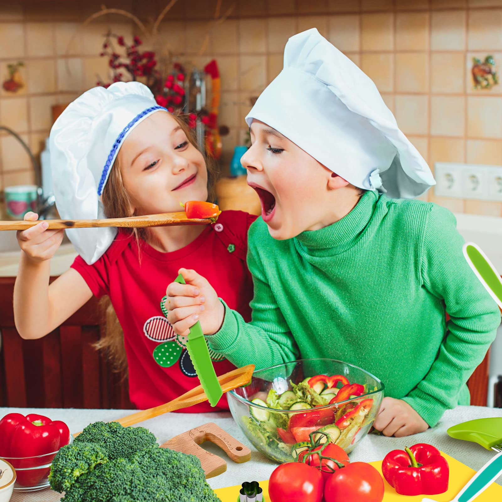 Hilsoeet Montessori Kids Knives wooden cutting board providing sturdy practice surface.