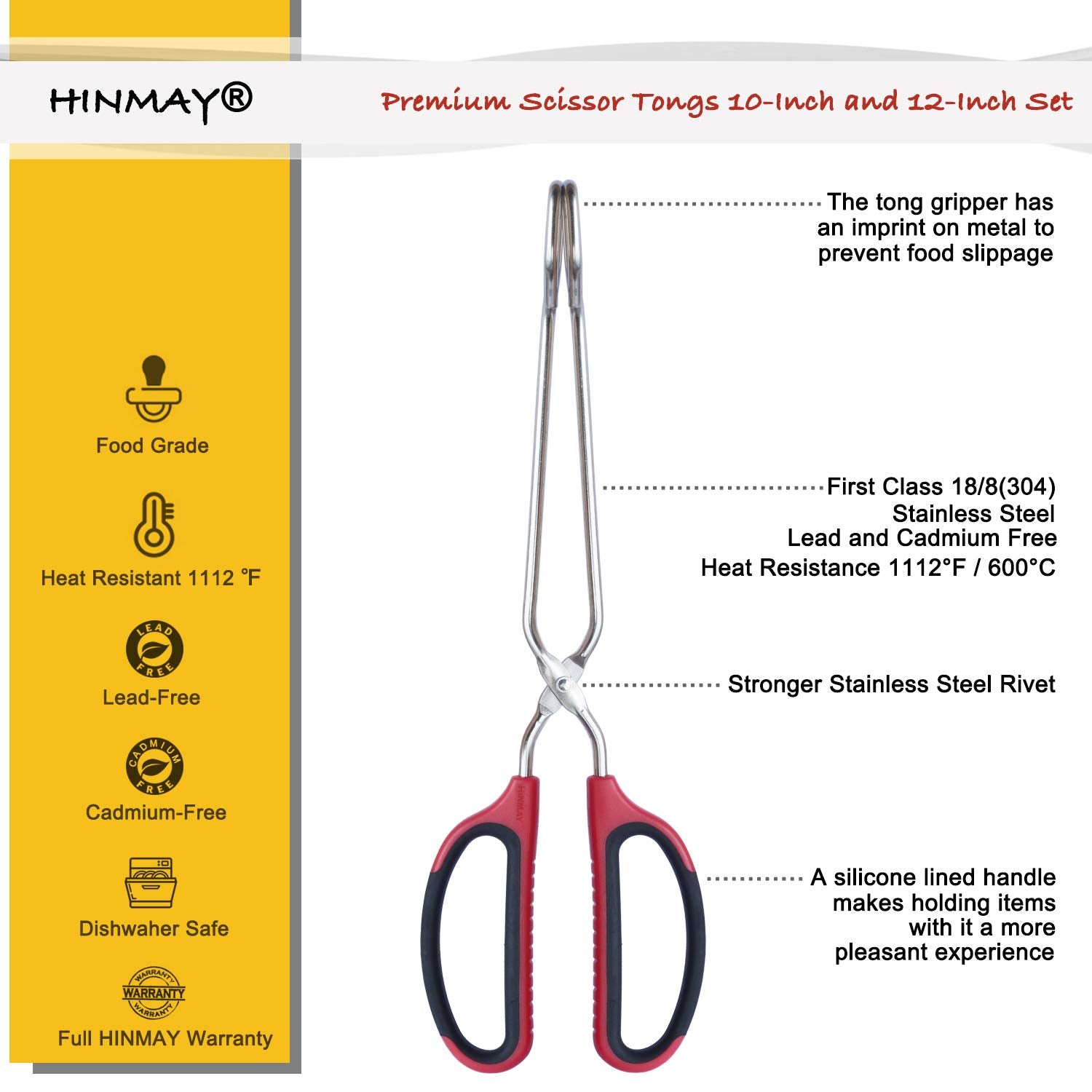 HINMAY 12-inch stainless steel scissor tongs for grilling and serving.