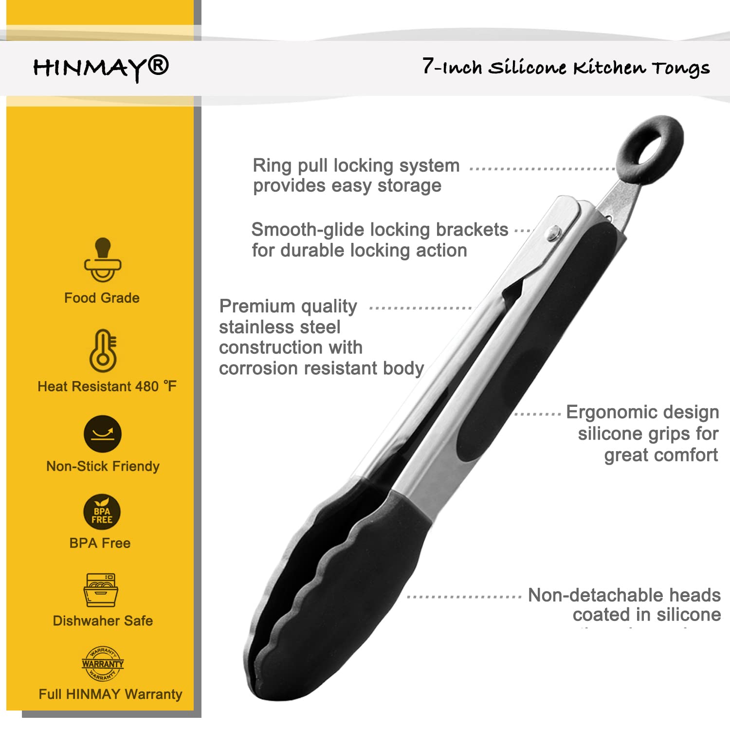 HINMAY 7 inch tongs with locking ring for easy storage.