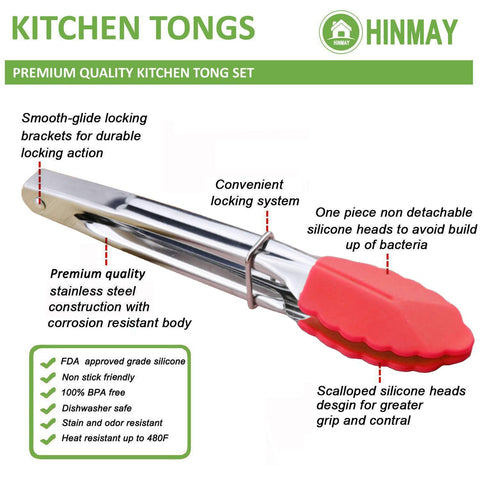 Hinmay small silicone-tipped tongs in blue, heat-resistant for grilling and cooking tasks.