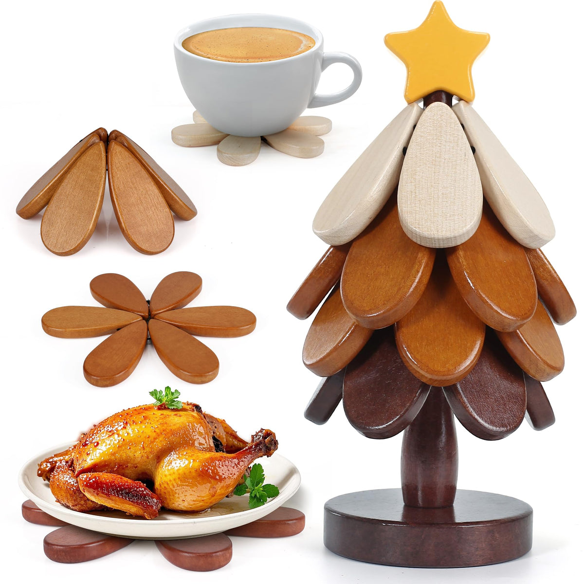 Hinpote tree-trivet-stand shows space saving stacked design for dining tables