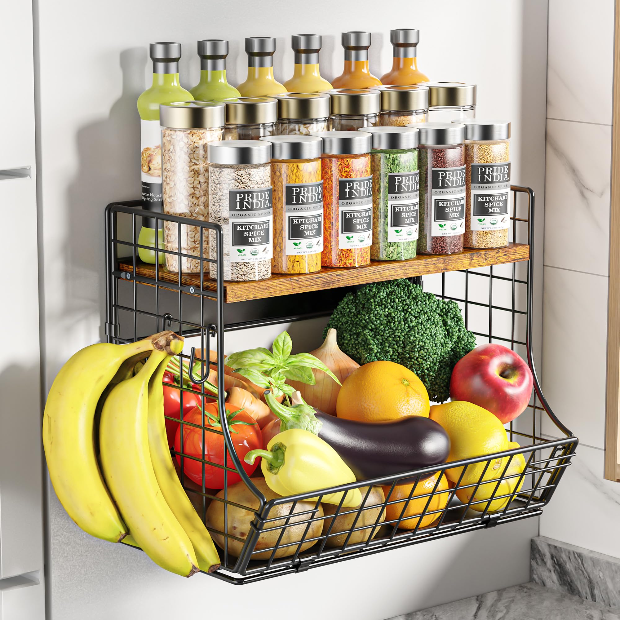 HIPLIYS magnetic shelf on fridge with wood lid provides sturdy storage on metal surfaces.