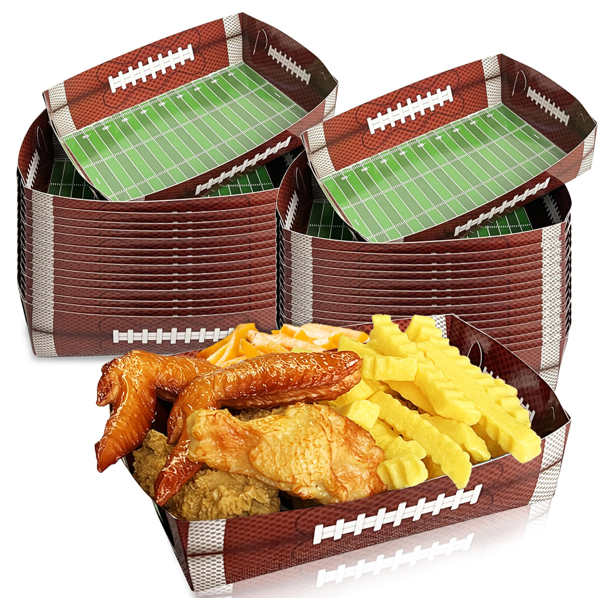 Hipoxa football trays front view, sturdy paper boats for game-day snacks.