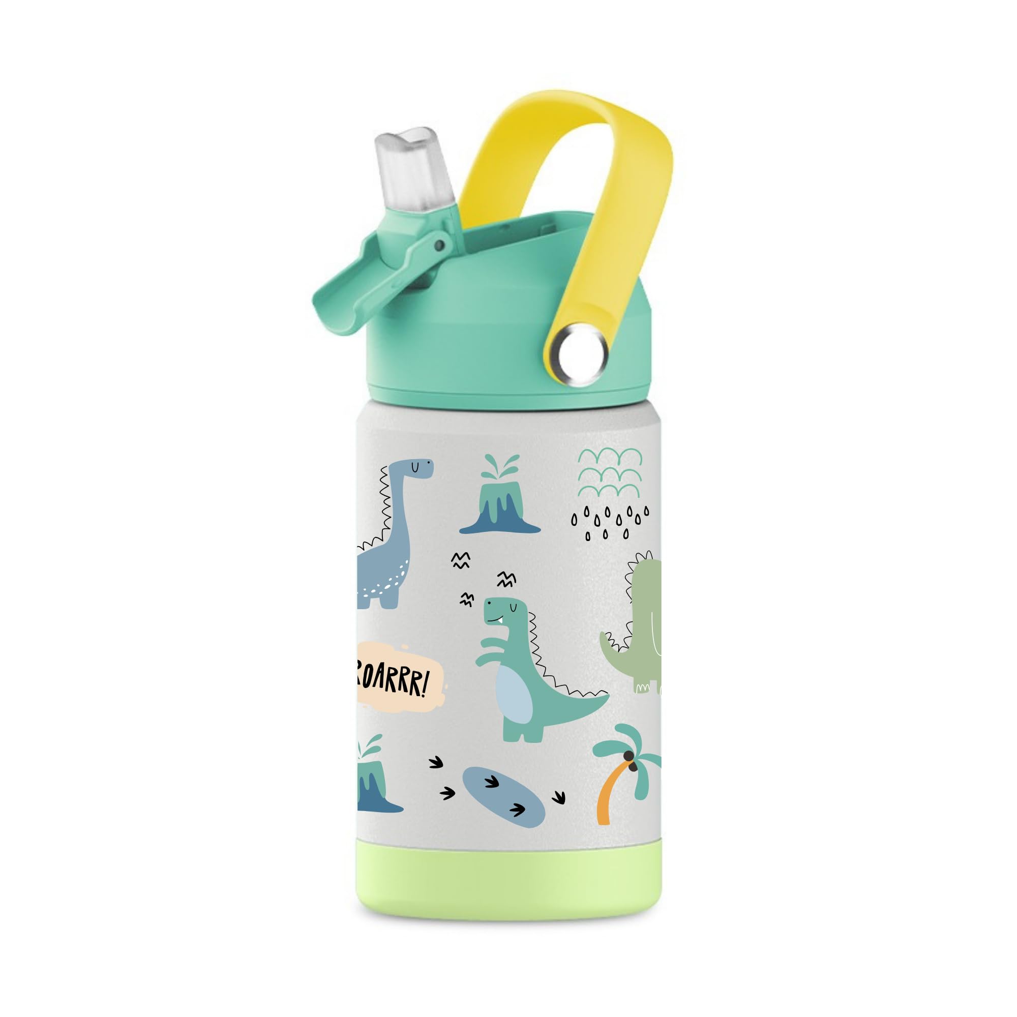 Hippypotamus Kids Water Bottle with green dinosaur, front view for school and outdoor adventures.