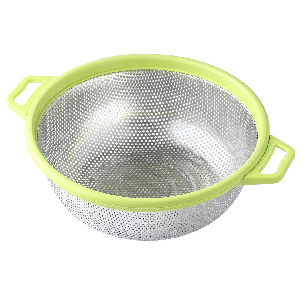 HiramWare stainless steel colander with ergonomic handle and legs for easy draining of pasta
