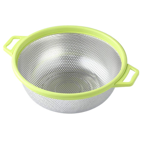 HiramWare stainless steel colander with ergonomic handle and legs for easy draining of pasta