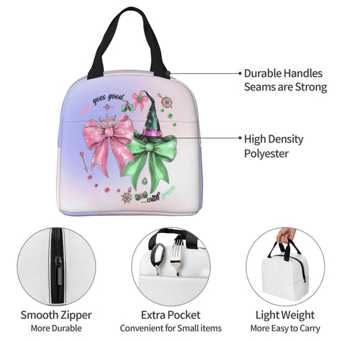 Hirkdiexy pink-green lunch bag main compartment fits a lunch box.