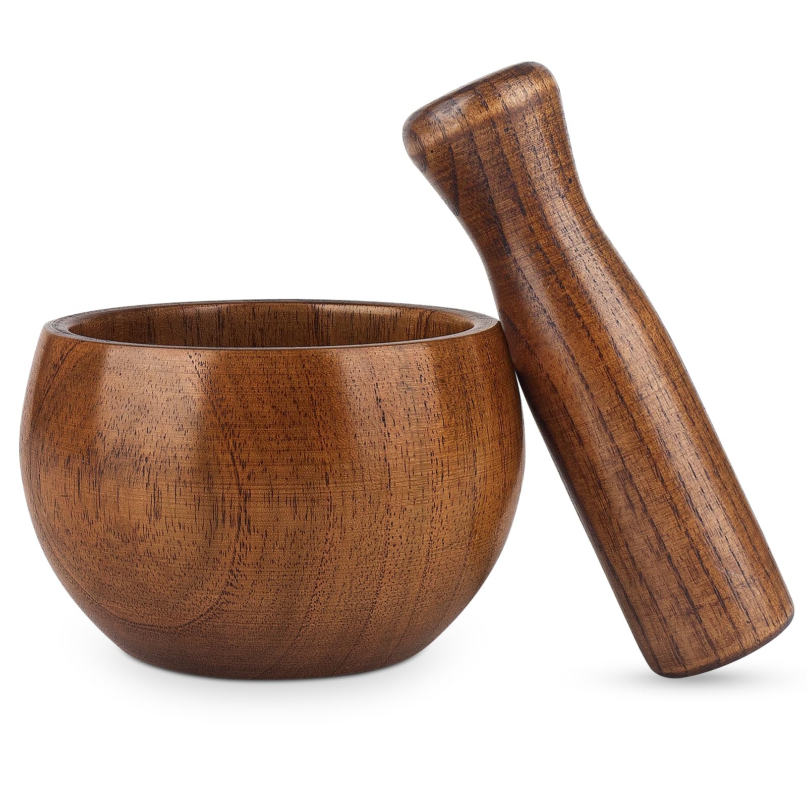 Hisite acacia mortar pestle set shows natural grain for authentic kitchen use.